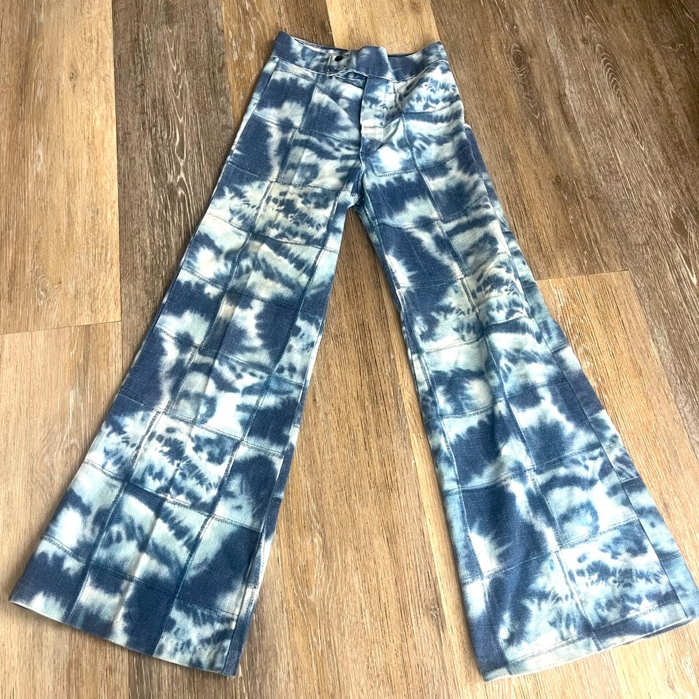 RARE Original vintage 70s retro Bell Bottoms
Tie dye patchwork wide flare pant - Picture 1 of 8